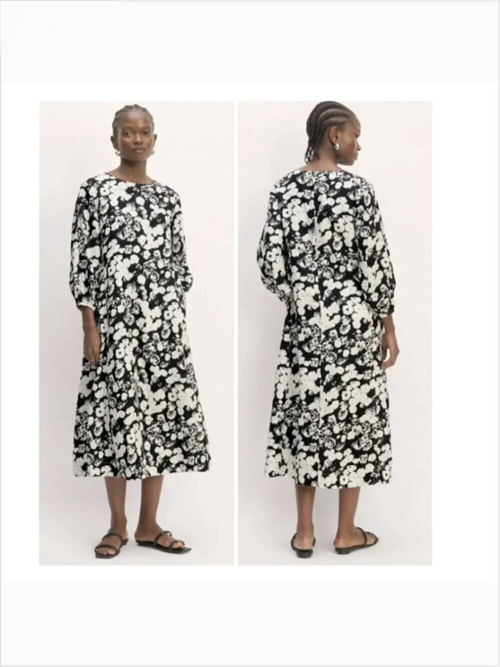 Everlane Womens A-Line Midi Linen Dress 14 Floral Black White 3/4 Sleeve Pockets